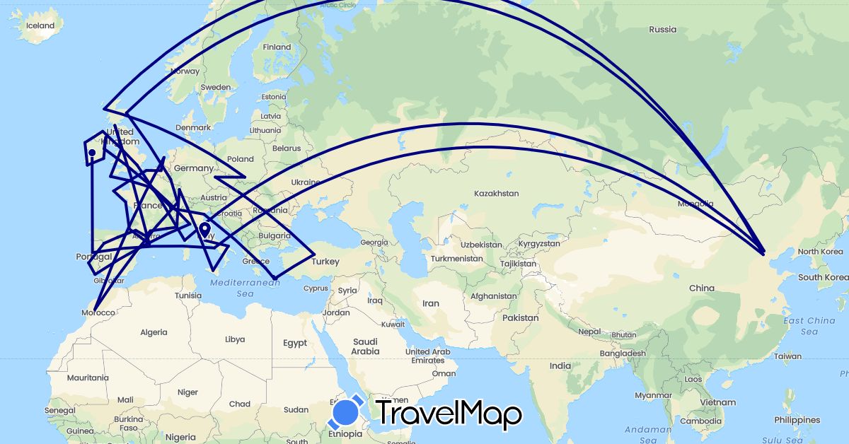 TravelMap itinerary: driving in Andorra, Belgium, Switzerland, China, Czech Republic, Spain, France, United Kingdom, Greece, Ireland, Italy, Luxembourg, Morocco, Netherlands, Poland, Portugal, Turkey (Africa, Asia, Europe)